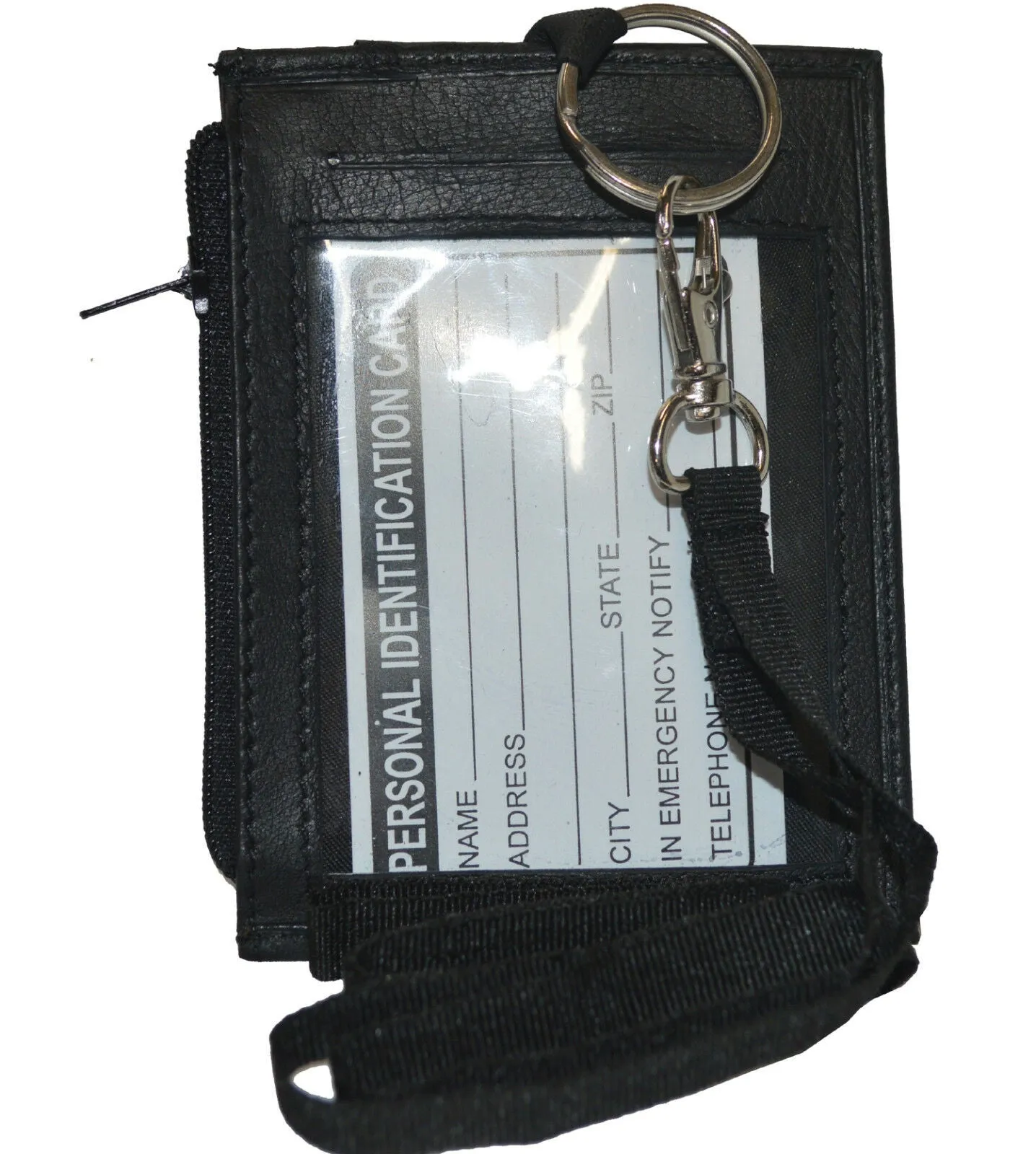 Leather ID Card Badge Holder Neck Pouch Ring Wallet With Strap New Black Marshal