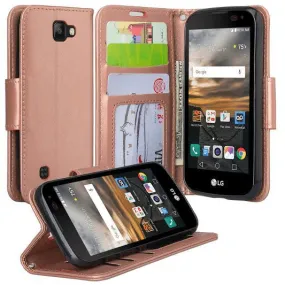 LG Optimus Zone 3 Cases | LG K4 Cases | LG Spree Cases | LG Rebel Cases, Magnetic Flip Folio [Kickstand Feature] Pu Leather Wallet Case with ID & Credit Card Slot - Rose Gold