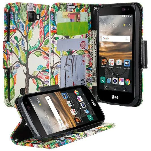 LG Optimus Zone 3 Cases | LG K4 Cases | LG Spree Cases | LG Rebel Cases, Wrist Strap Magnetic Flip Folio [Kickstand Feature] Pu Leather Wallet Case with ID & Credit Card Slot - Vibrant Tree