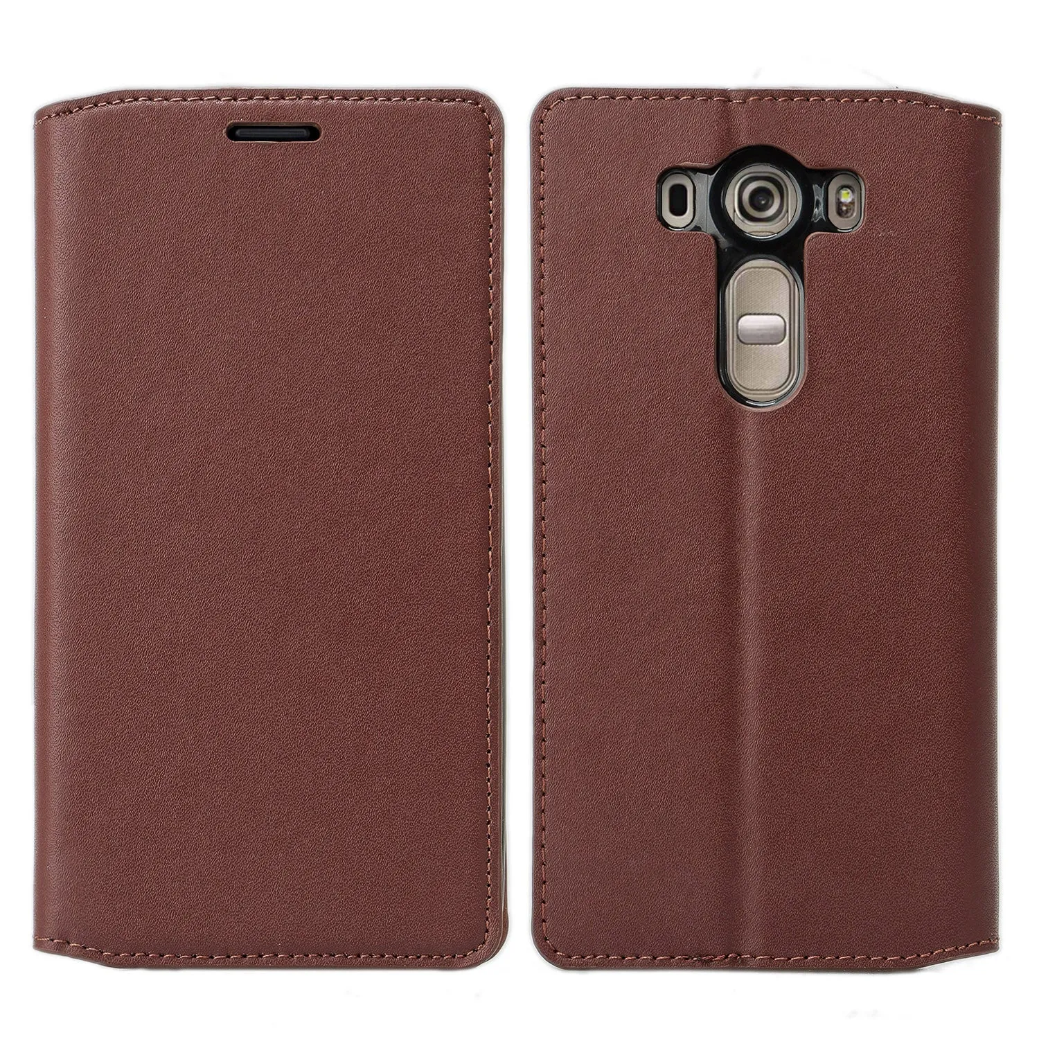 LG V10 Genuine Leather Case, Magnetic Flip Fold[Kickstand] with ID & Card Slots Genuine Leather Wallet Case for LG V10 - Brown