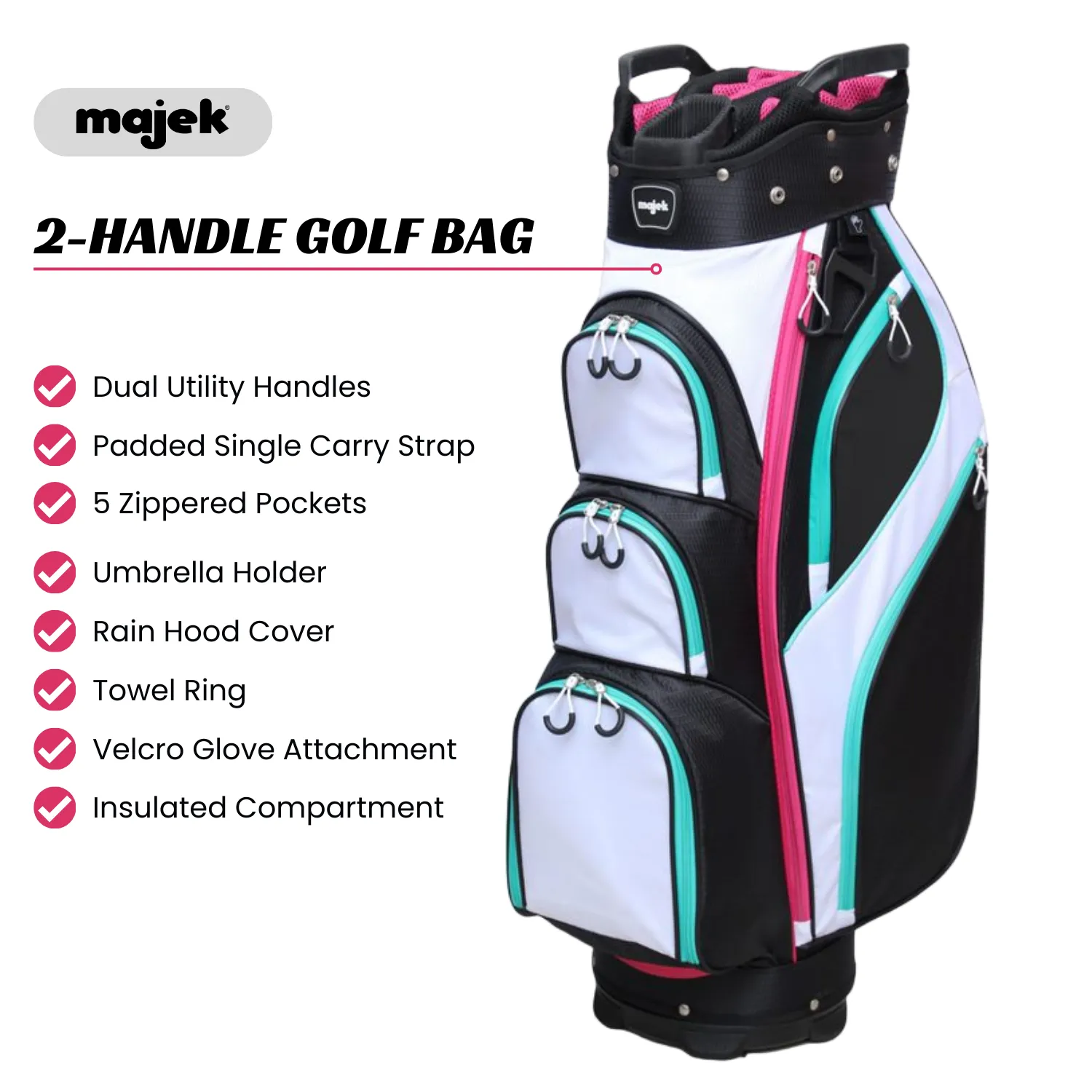 Majek Premium Ladies Black White Teal Pink Golf Bag 9.5 inch 14-Way Friendly Separator Top with Putter Sleeve