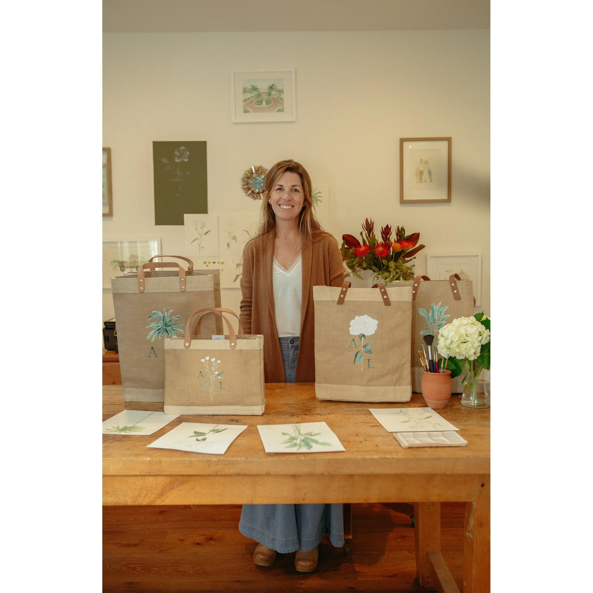 Market Tote in Natural Bouquet with Glass Vase by Amy Logsdon