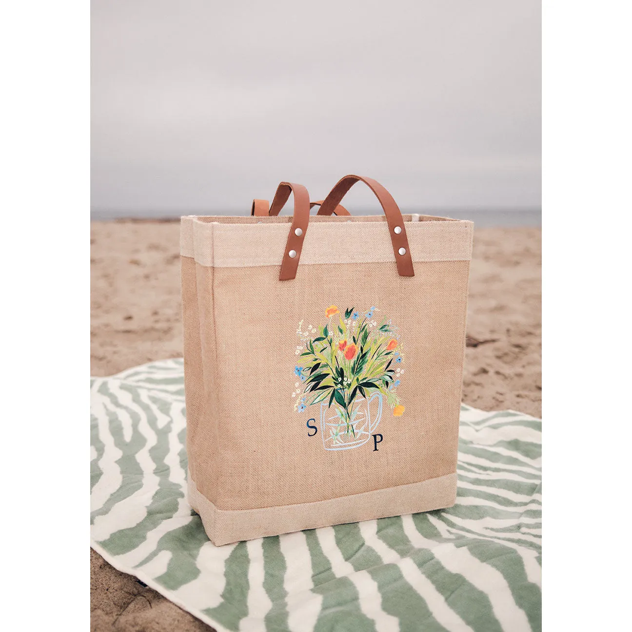 Market Tote in Natural Bouquet with Glass Vase by Amy Logsdon