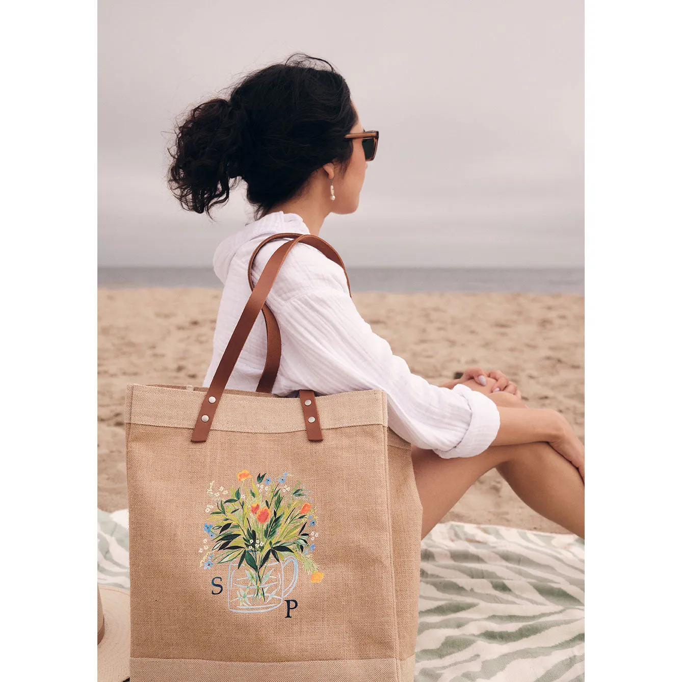 Market Tote in Natural Bouquet with Glass Vase by Amy Logsdon