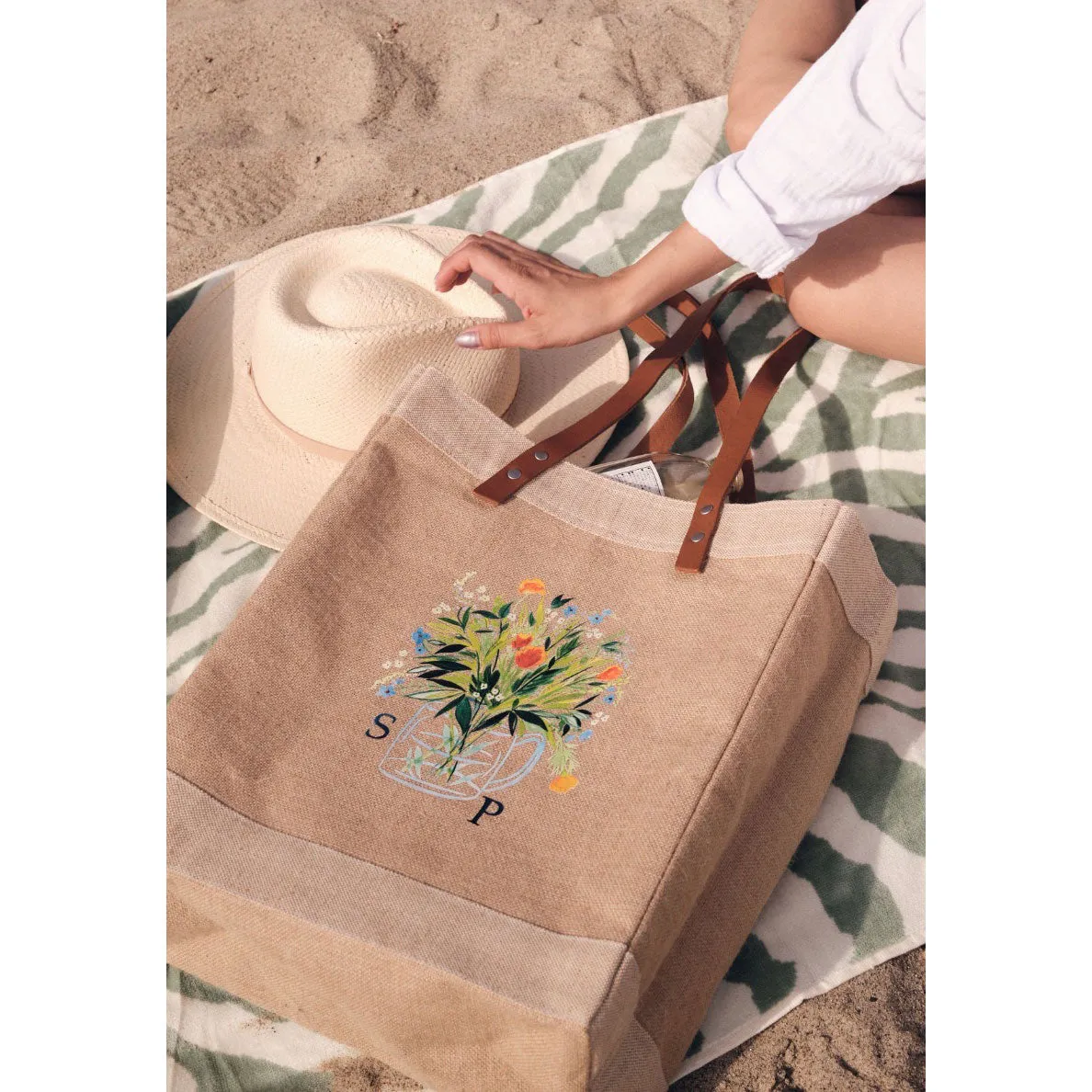 Market Tote in Natural Bouquet with Glass Vase by Amy Logsdon