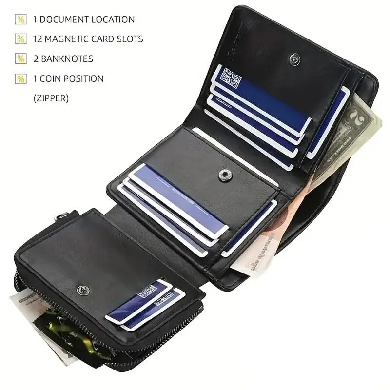 Men's Short Multi-Card Slots Tri-Fold Zipper Coin Pocket Wallet