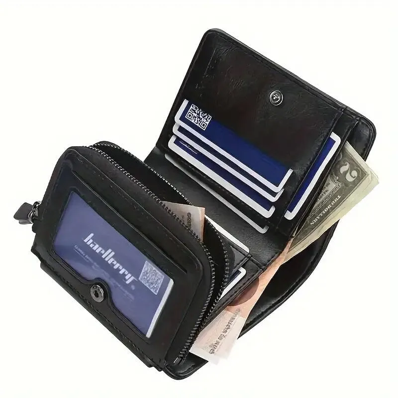 Men's Short Multi-Card Slots Tri-Fold Zipper Coin Pocket Wallet