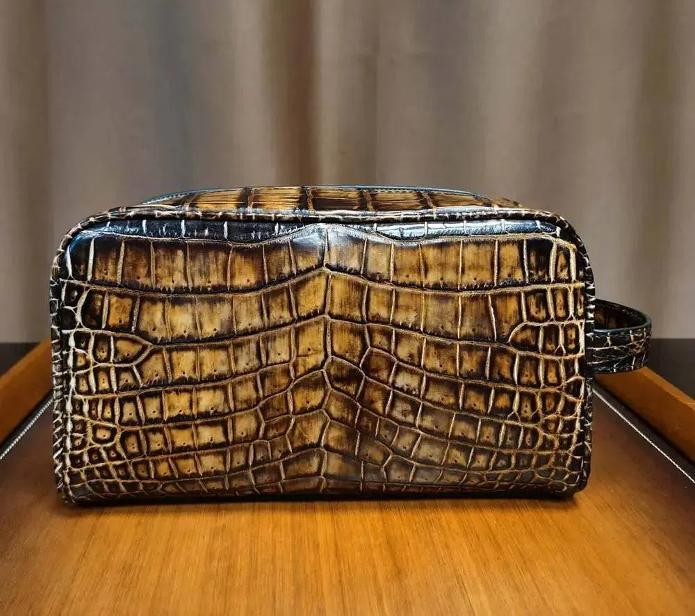 Mens Vintage Brown Crocodile Leather Toiletry Bag