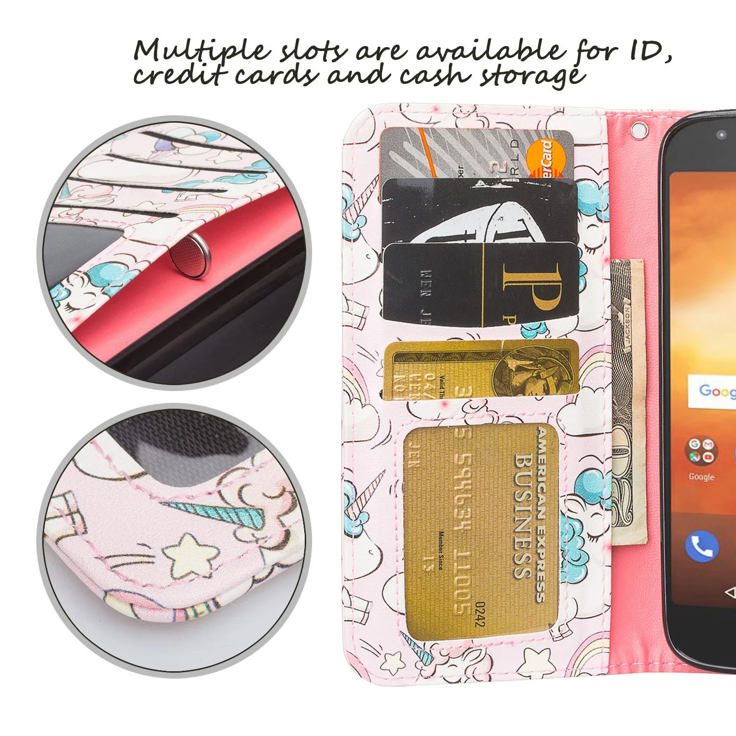 Motorola Moto E5 Play / E5 Cruise / E5 GO Wallet Case, Wrist Strap Leather Wallet Case [Kickstand] with ID & Credit Card Slots - Pink Unicorn