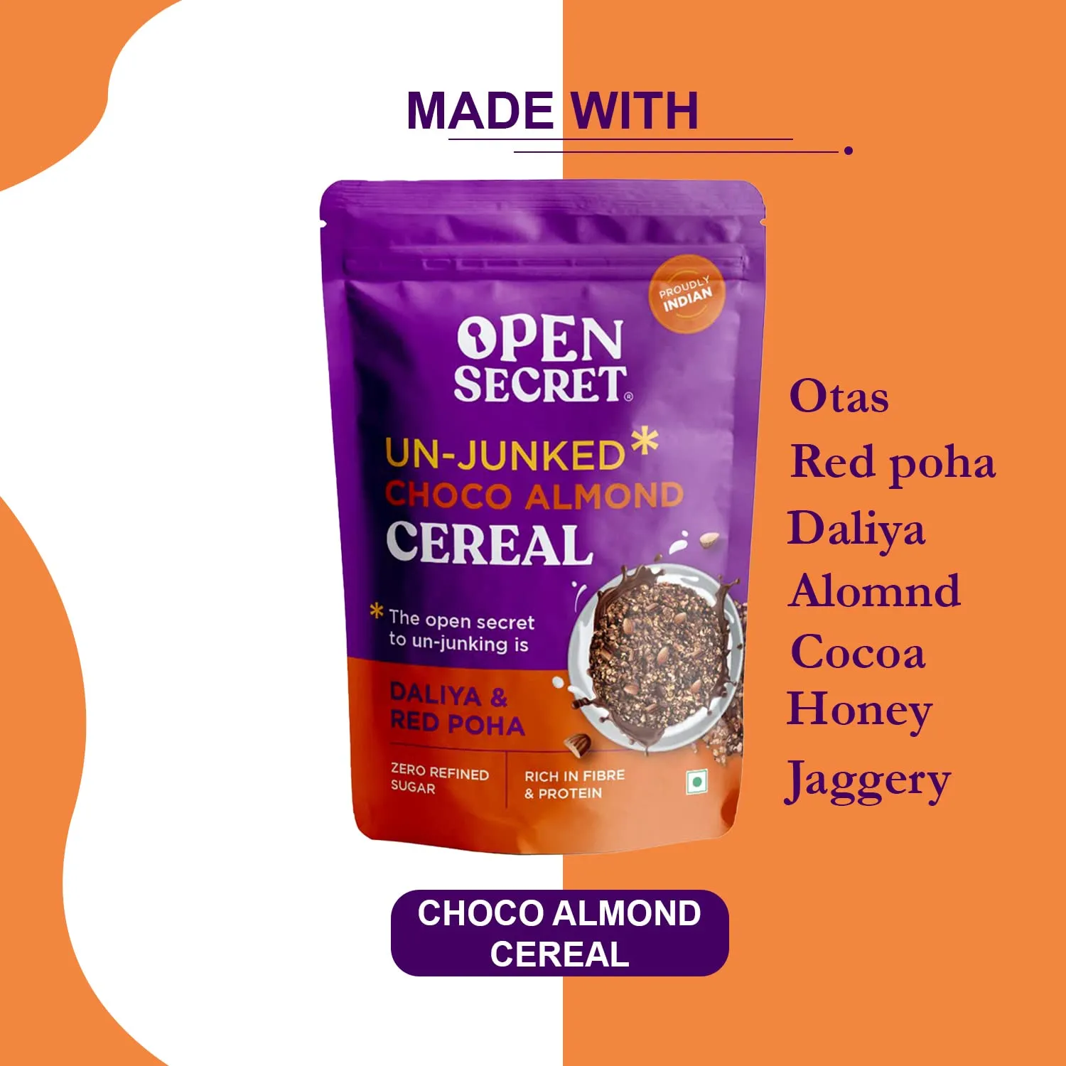 Open Secret Chocolate Almond Muesli 350g| Breakfast Cereal with Nuts & Seeds, Dried Fruits, Oats, Red Poha| Healthy Breakfast Cereal