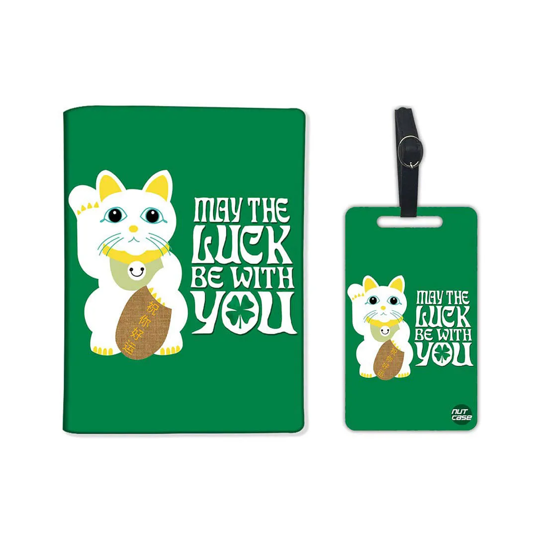 Passport Cover Holder Travel Case with Baggage Tag - Lucky Cat