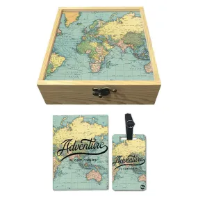 Passport Cover Luggage Tag Wooden Gift Box Set - Adventure Is Out There