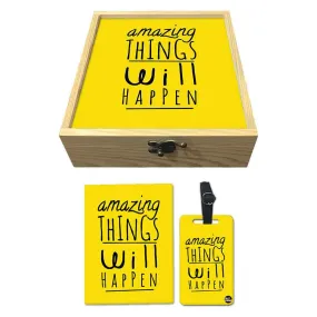 Passport Cover Luggage Tag Wooden Gift Box Set - Amazing Things Will Happen