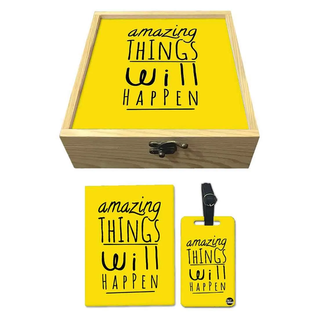 Passport Cover Luggage Tag Wooden Gift Box Set - Amazing Things Will Happen