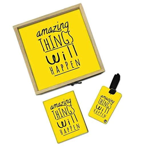 Passport Cover Luggage Tag Wooden Gift Box Set - Amazing Things Will Happen