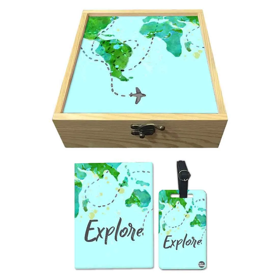 Passport Cover Luggage Tag Wooden Gift Box Set - Explore