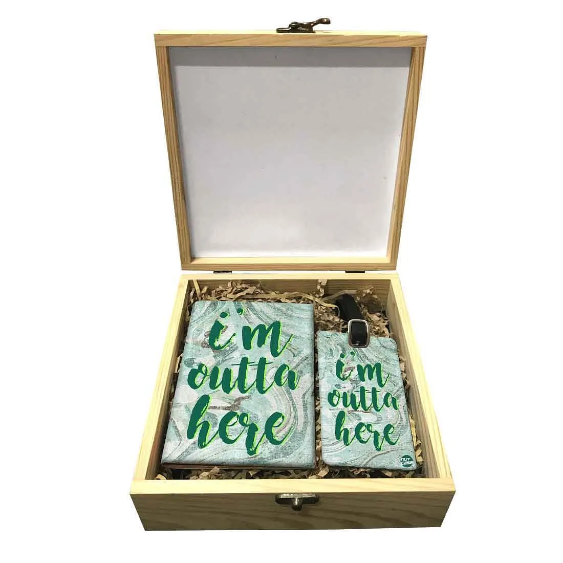 Passport Cover Luggage Tag Wooden Gift Box Set - I Am Outta Here