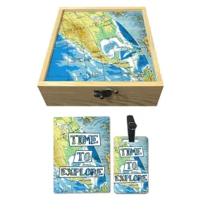 Passport Cover Luggage Tag Wooden Gift Box Set - Time To Explore