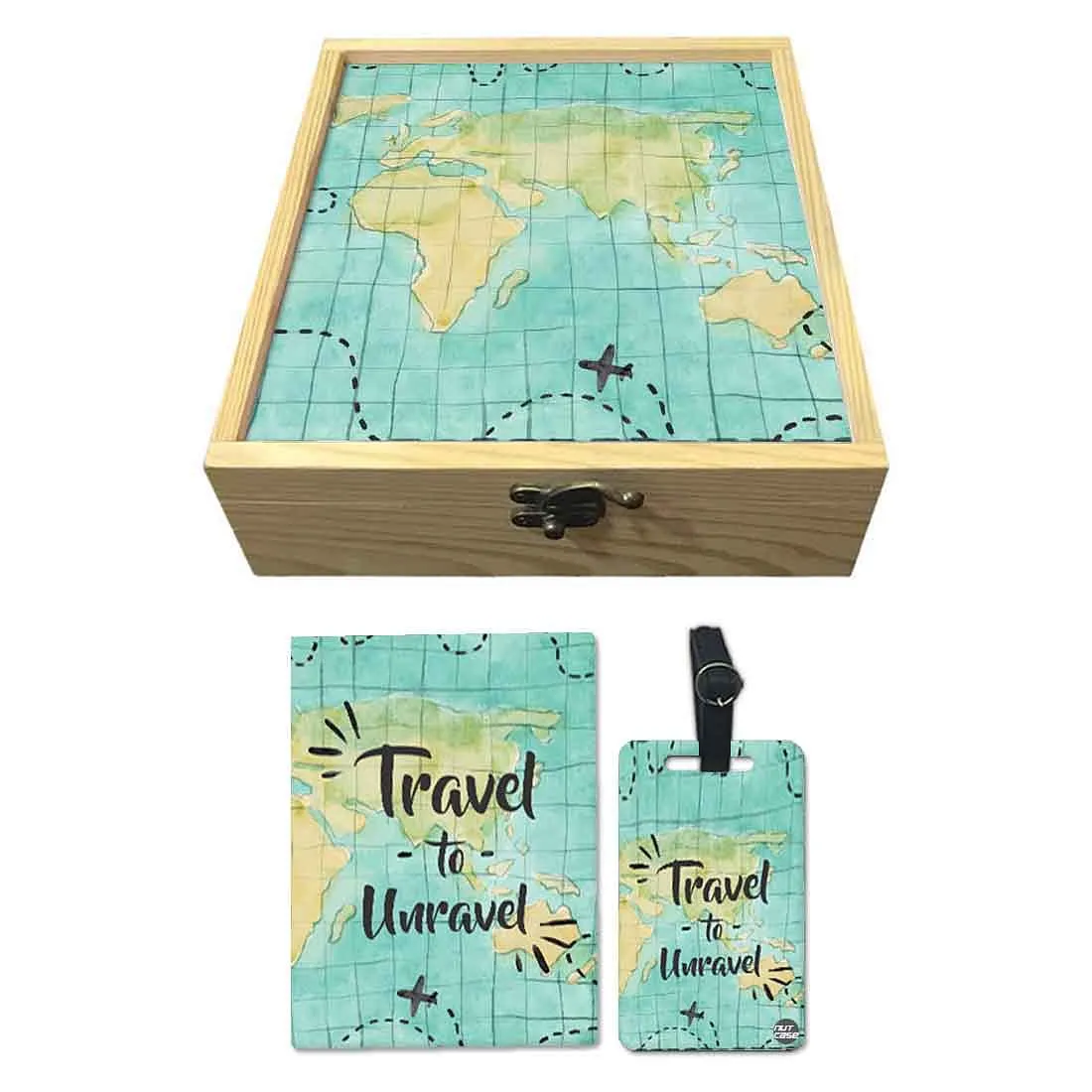 Passport Cover Luggage Tag Wooden Gift Box Set - Time To unravel