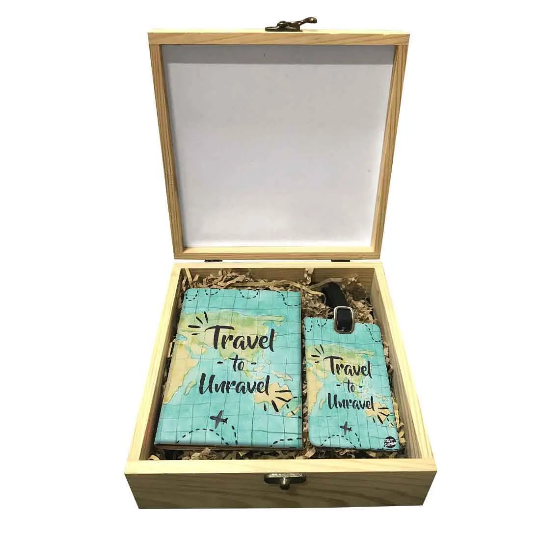 Passport Cover Luggage Tag Wooden Gift Box Set - Time To unravel