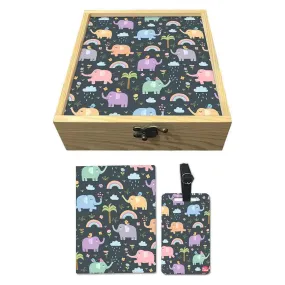 Passport Holder Cover For Kids Luggage Tag Wooden Gift Box Set - Cute Elephant