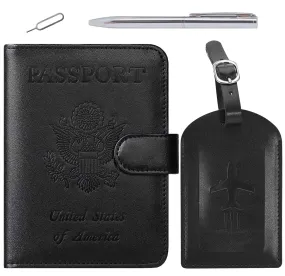 Passport Holder With Luggage Tag Cover Wallet RFID Blocking Leather Case Travel Essentials Accessories Travel Must Have(114#Black) 114#Black