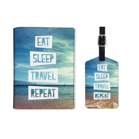 Passport Pouch Leather Holder with Luggage Tag Set - Eat Sleep Travel Repeat