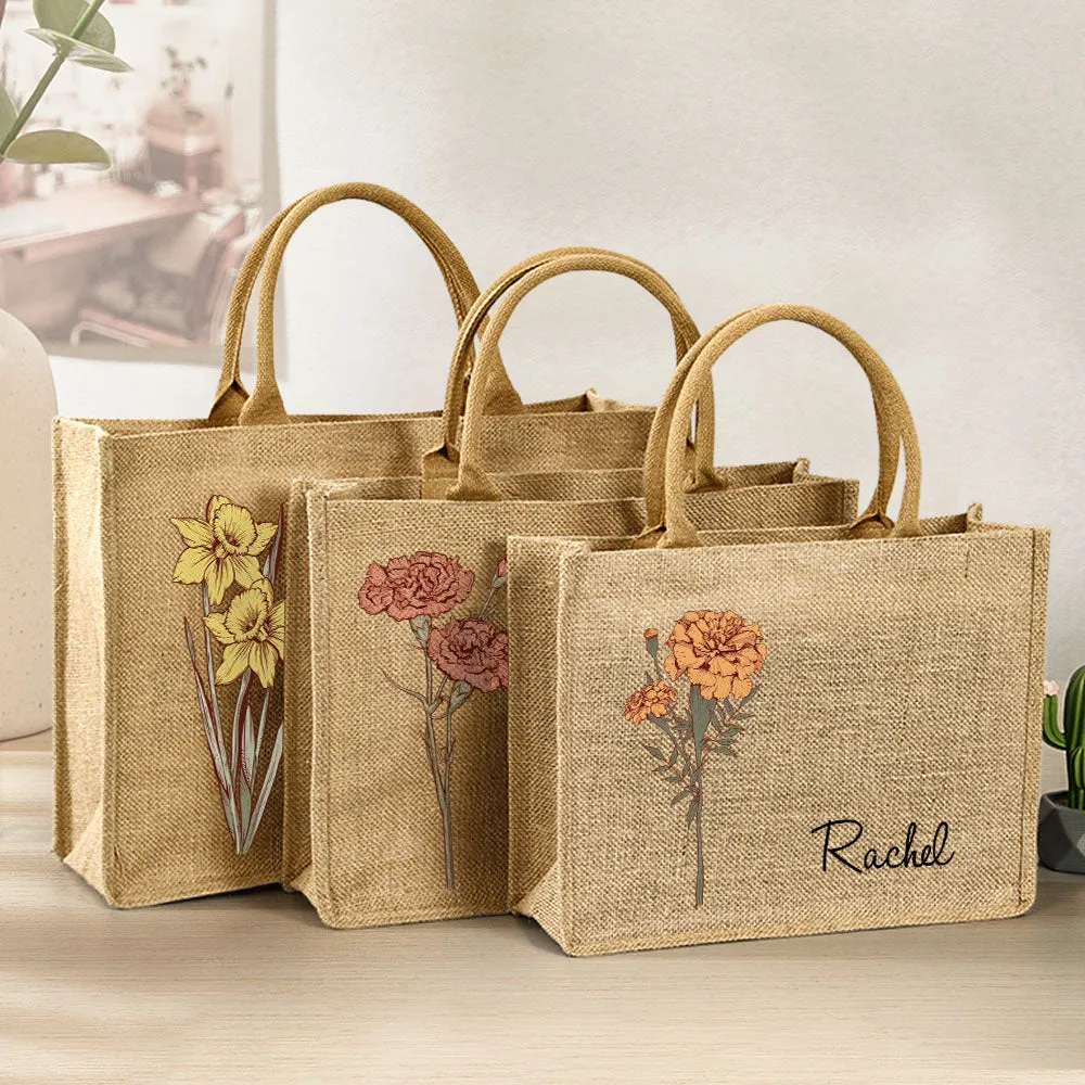 Personalized Birth Flower Beach Jute Tote Bag with Name Birthday Wedding Party Gifts for Women