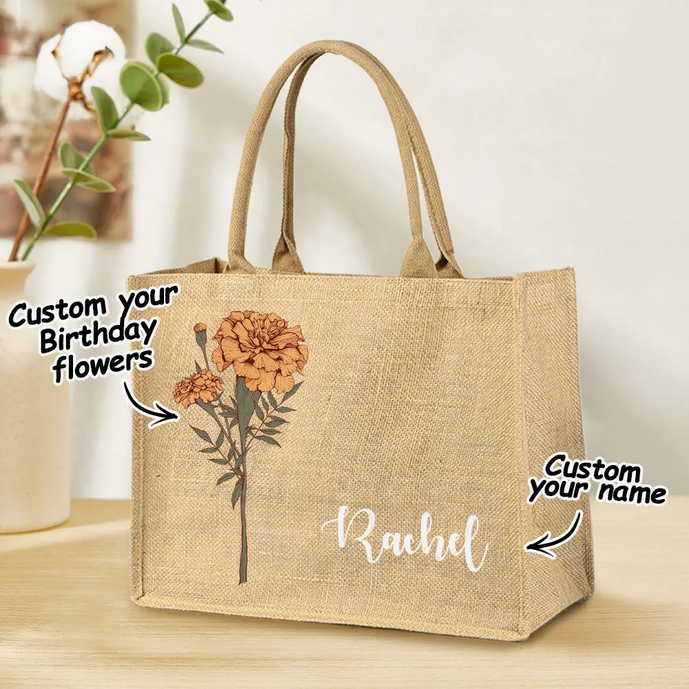 Personalized Birth Flower Beach Jute Tote Bag with Name Birthday Wedding Party Gifts for Women