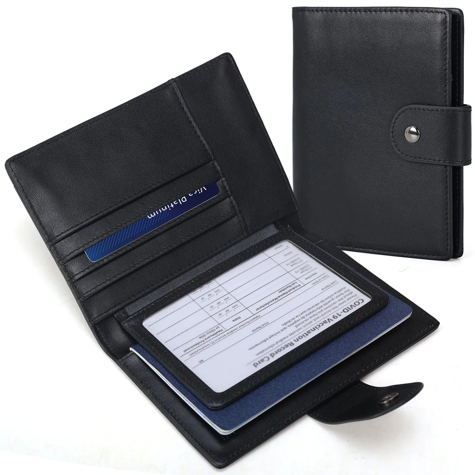 Polare Full Grain Leather Snap Passport and Vaccine Card Holder Combo RFID Blocking Travel Wallet Cover