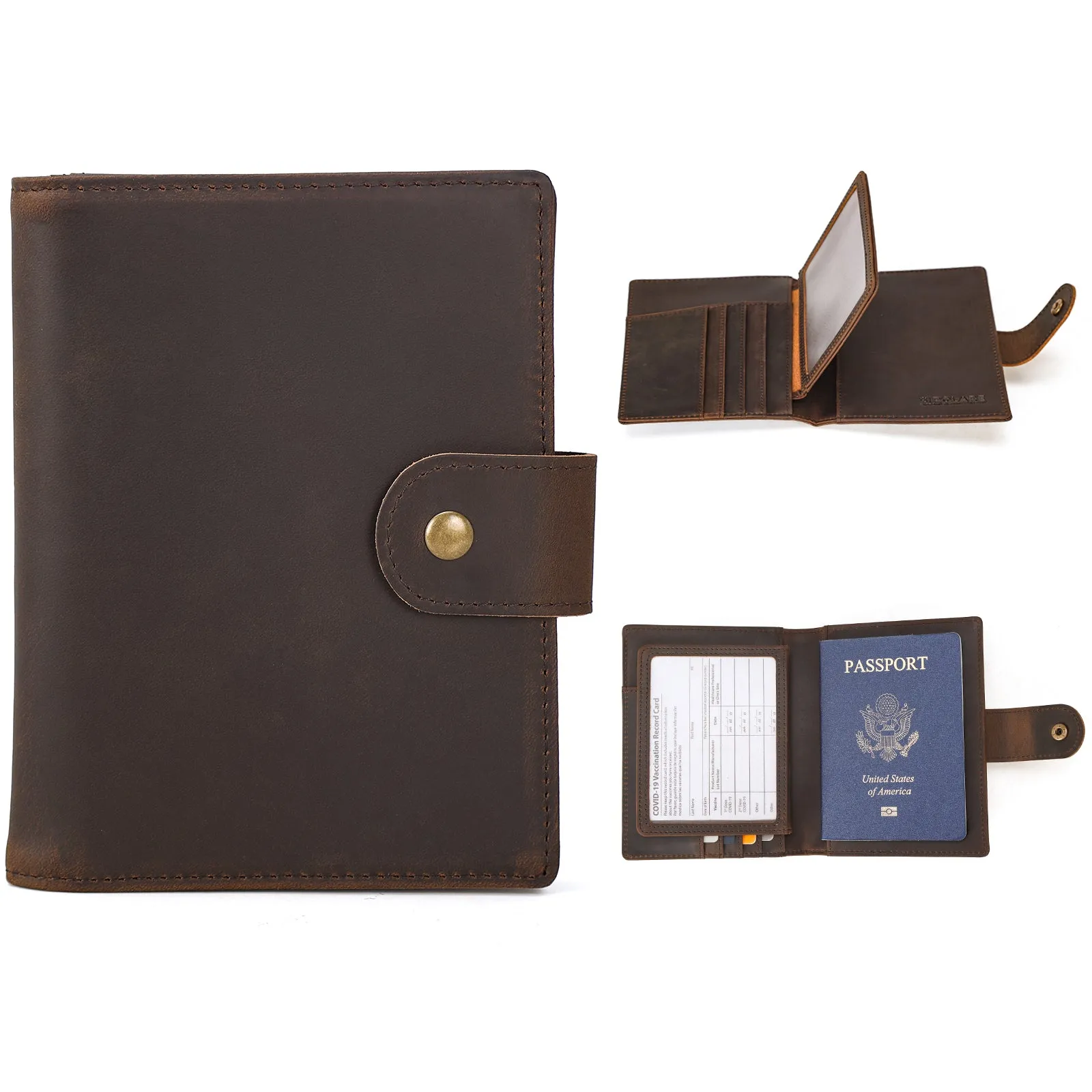 Polare Full Grain Leather Snap Passport and Vaccine Card Holder Combo RFID Blocking Travel Wallet Cover