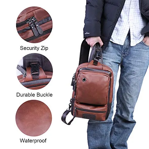 QCXPRO™ Men's Crossbody Sling Chest Bag - Faux Leather, iPad Tablet, USB Shoulder Bag