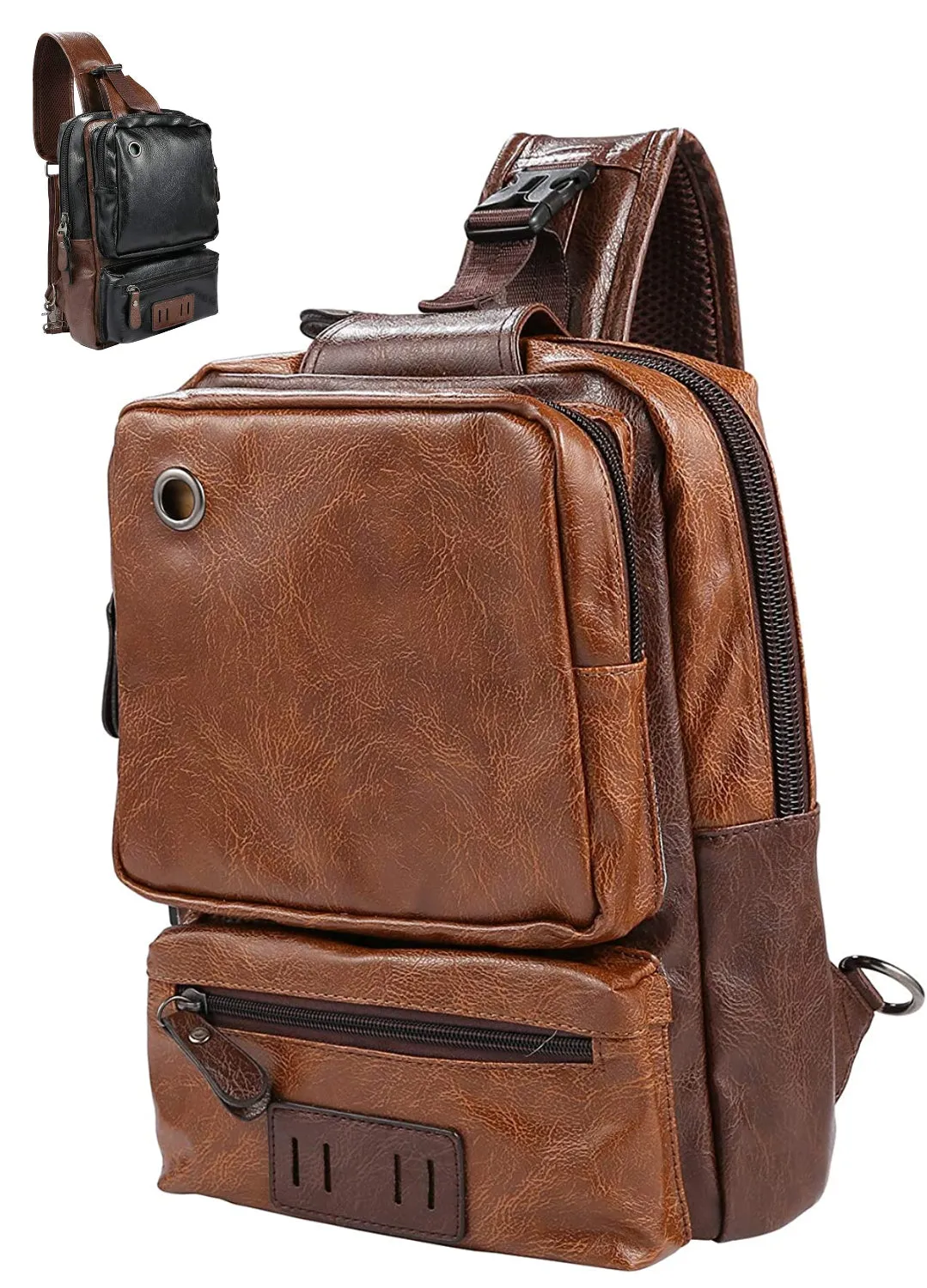 QCXPRO™ Men's Crossbody Sling Chest Bag - Faux Leather, iPad Tablet, USB Shoulder Bag