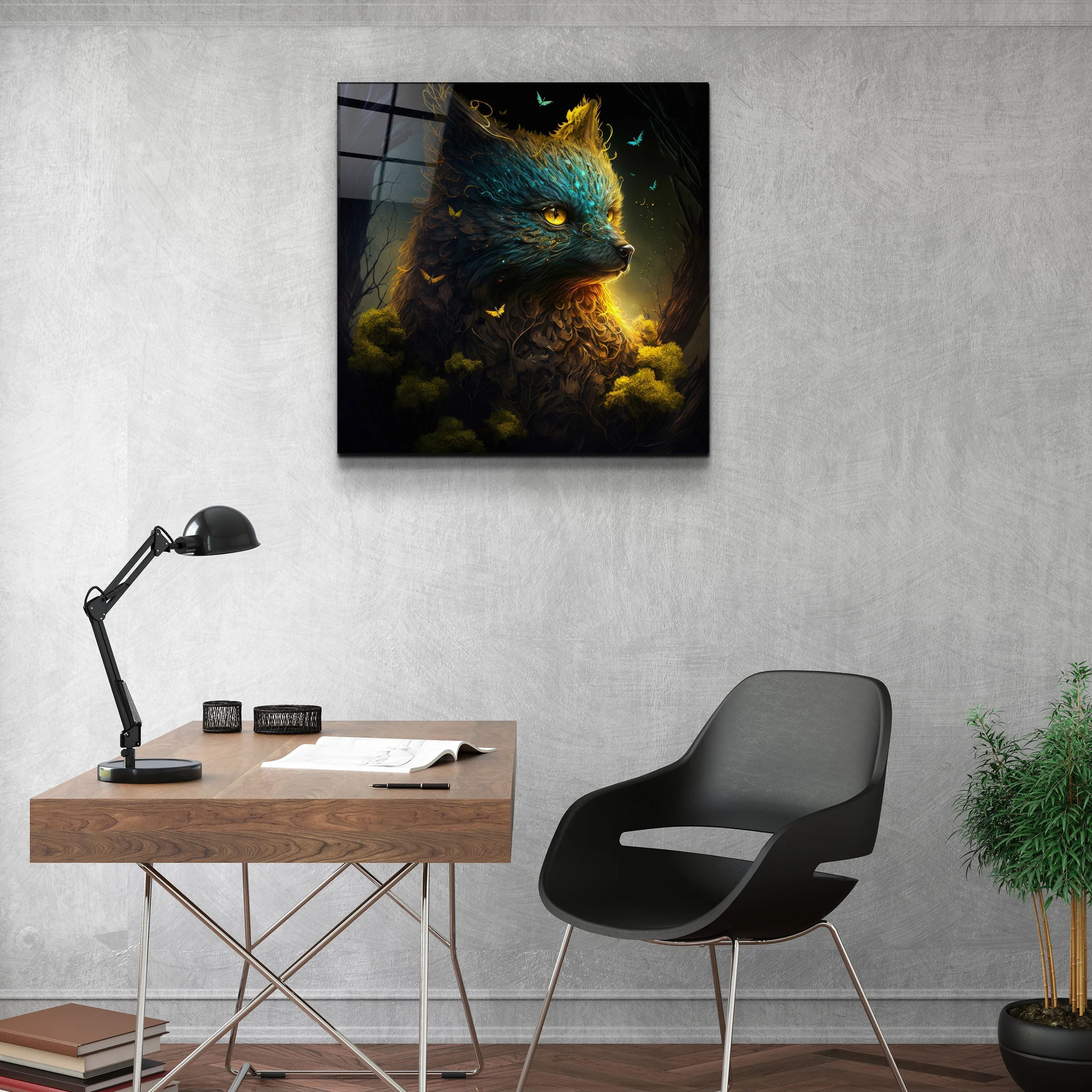 ."Glimmering Gold Fox". Secret World Collection Glass Wall Art