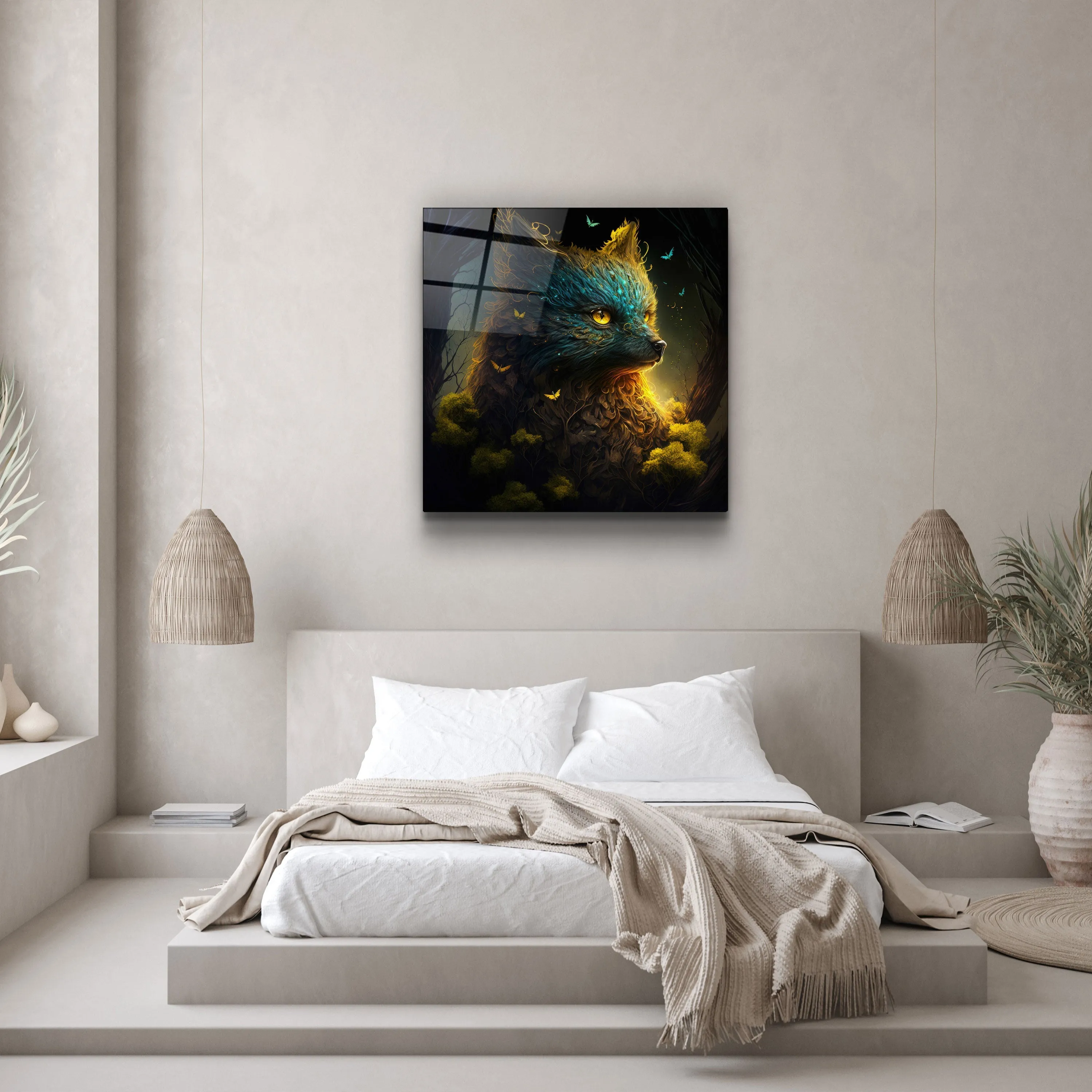 ."Glimmering Gold Fox". Secret World Collection Glass Wall Art