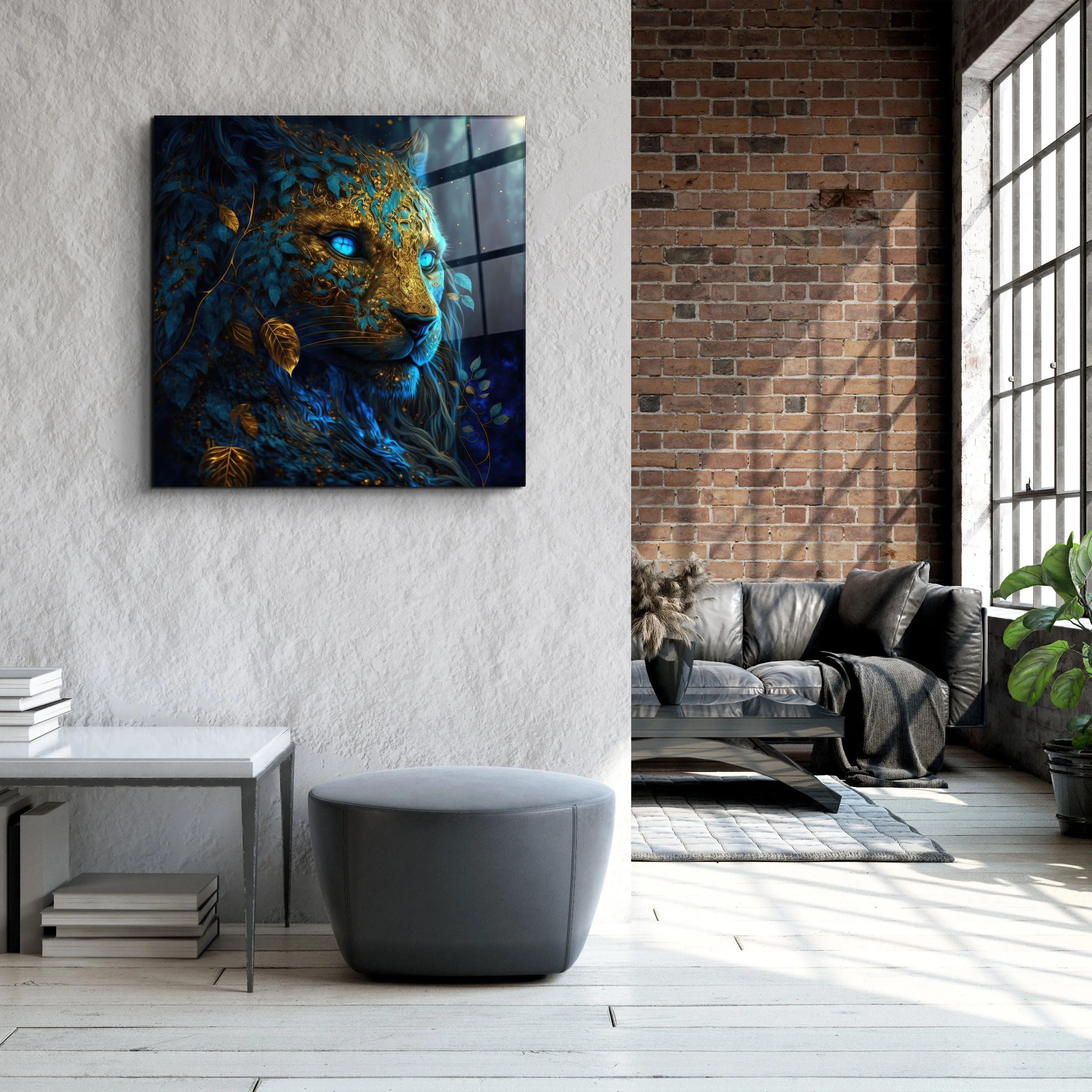 ."Majestic Blue-Eyed Leopard". Secret World Collection Glass Wall Art