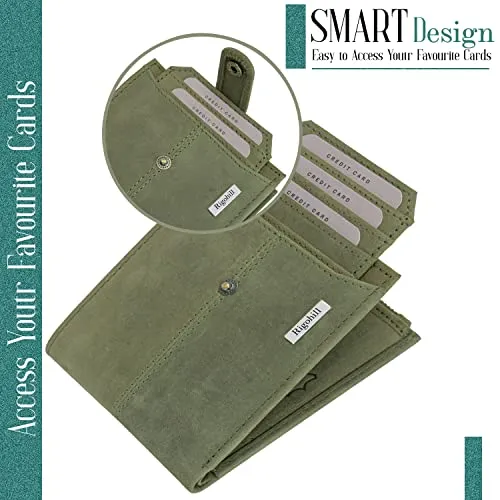 Rigohill Doger Olive Green Leather Wallet For Men, 2 Card Slot | RFID Wallet