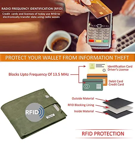 Rigohill Doger Olive Green Leather Wallet For Men, 2 Card Slot | RFID Wallet