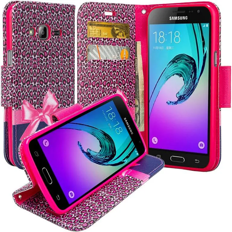 Samsung Galaxy Core Prime Wallet Case, Wrist Strap Flip [Kickstand] Pu Leather Wallet Case with ID & Credit Card Slots, Hot Pink Cheetah