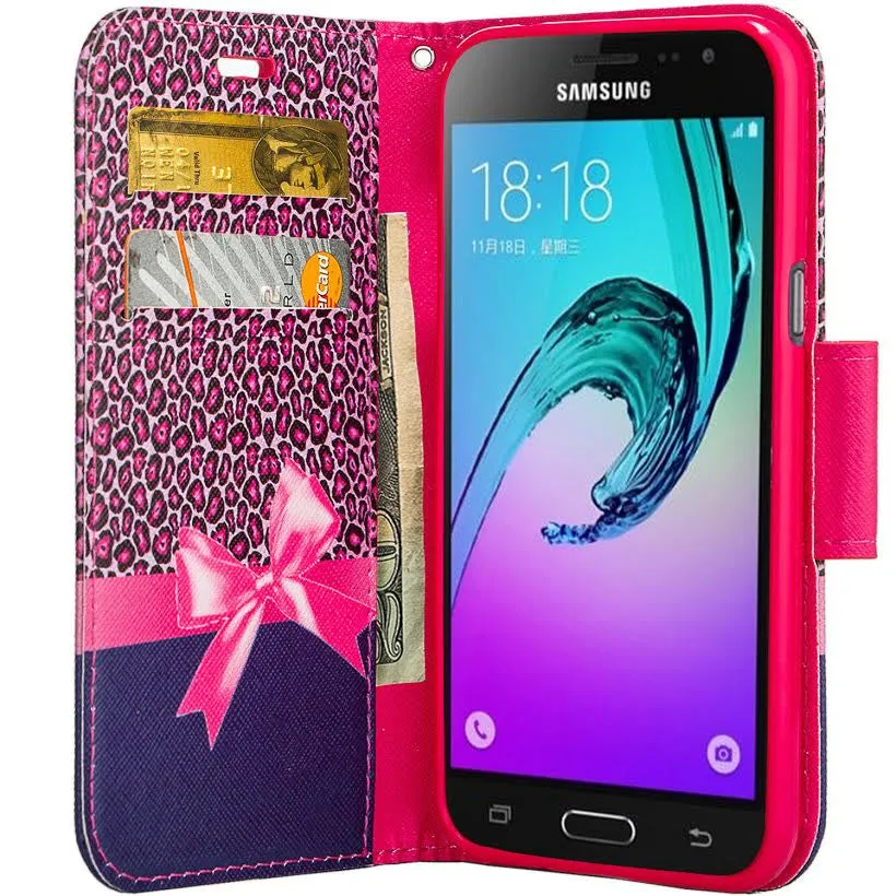 Samsung Galaxy Core Prime Wallet Case, Wrist Strap Flip [Kickstand] Pu Leather Wallet Case with ID & Credit Card Slots, Hot Pink Cheetah