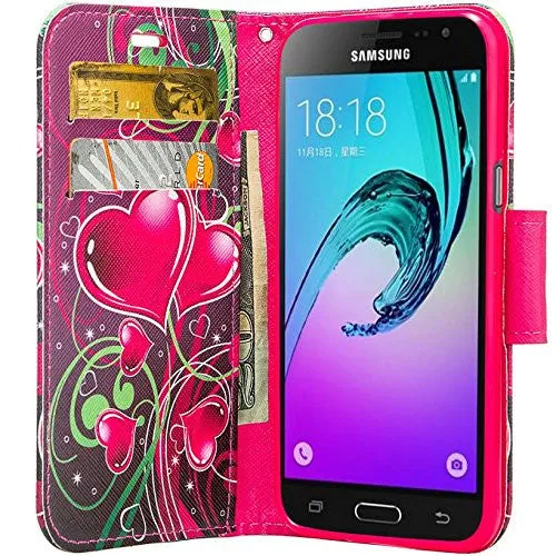 Samsung Galaxy J3 Case, J3V Case | Galaxy Express Prime Case | Galaxy Sky Case | Amp Prime Case | Galaxy Sol Wrist Strap Pu Leather Magnetic Fold Wallet Case with ID & Card Slots - Heart Sensation