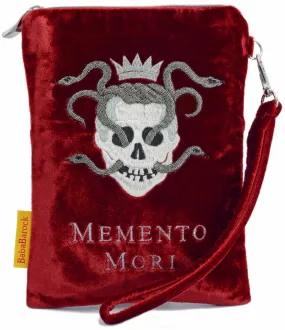 Skull & Snakes silk velvet embroidered wristlet. Rich red.