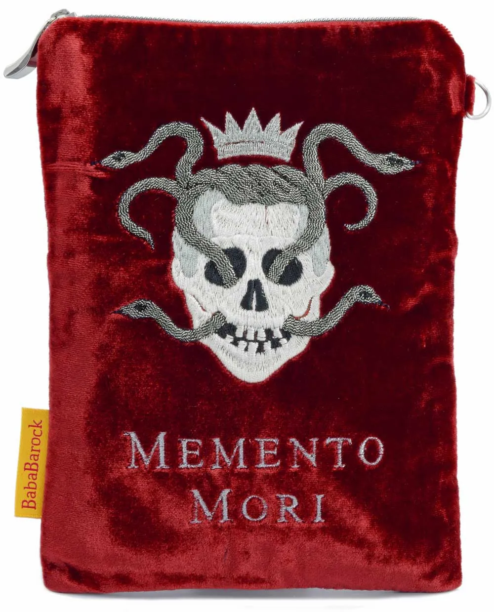 Skull & Snakes silk velvet embroidered wristlet. Rich red.