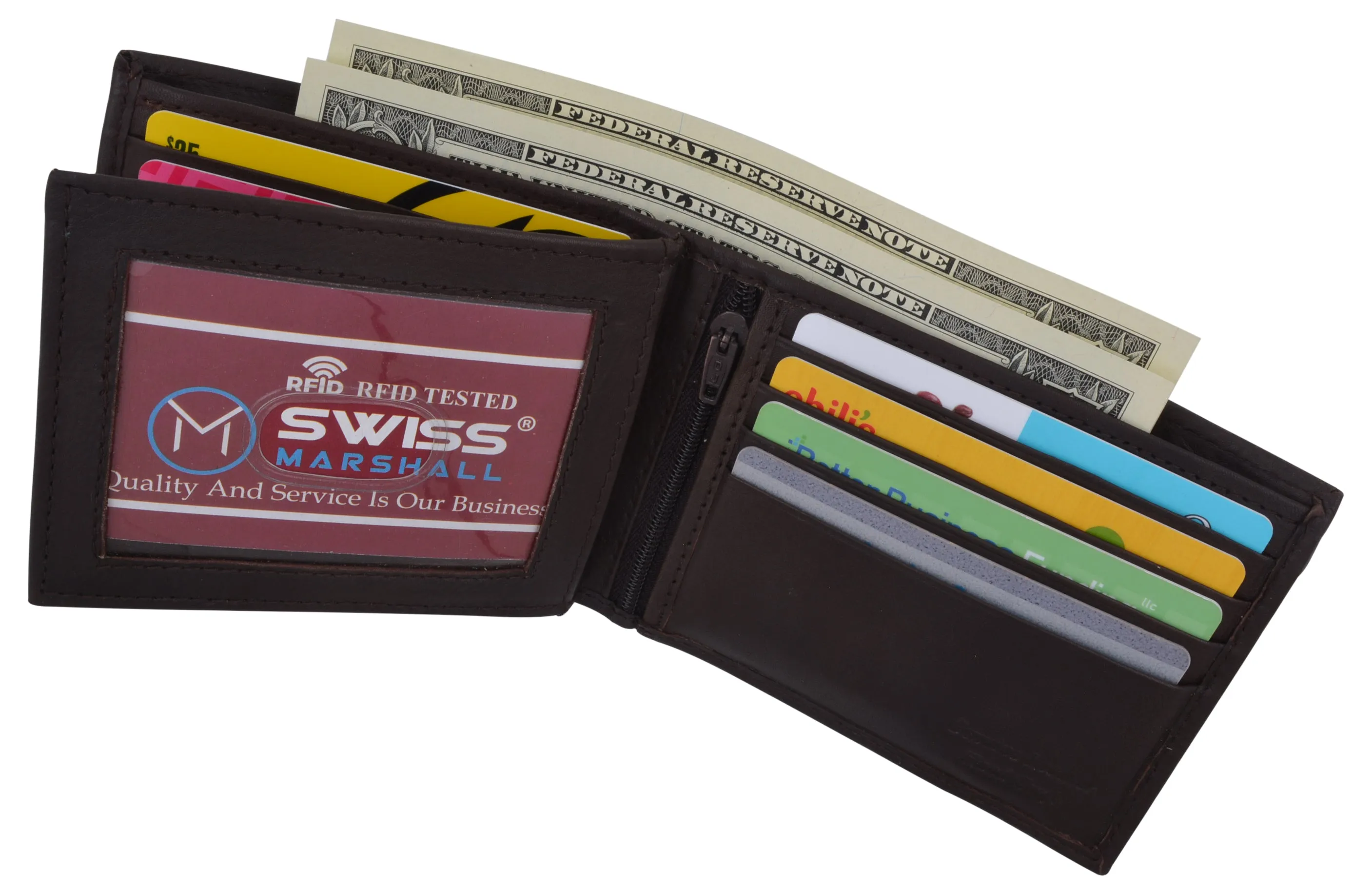 Swiss Marshall Men's RFID Blocking Leather Bifold Multi-Card Center Flap Wallet