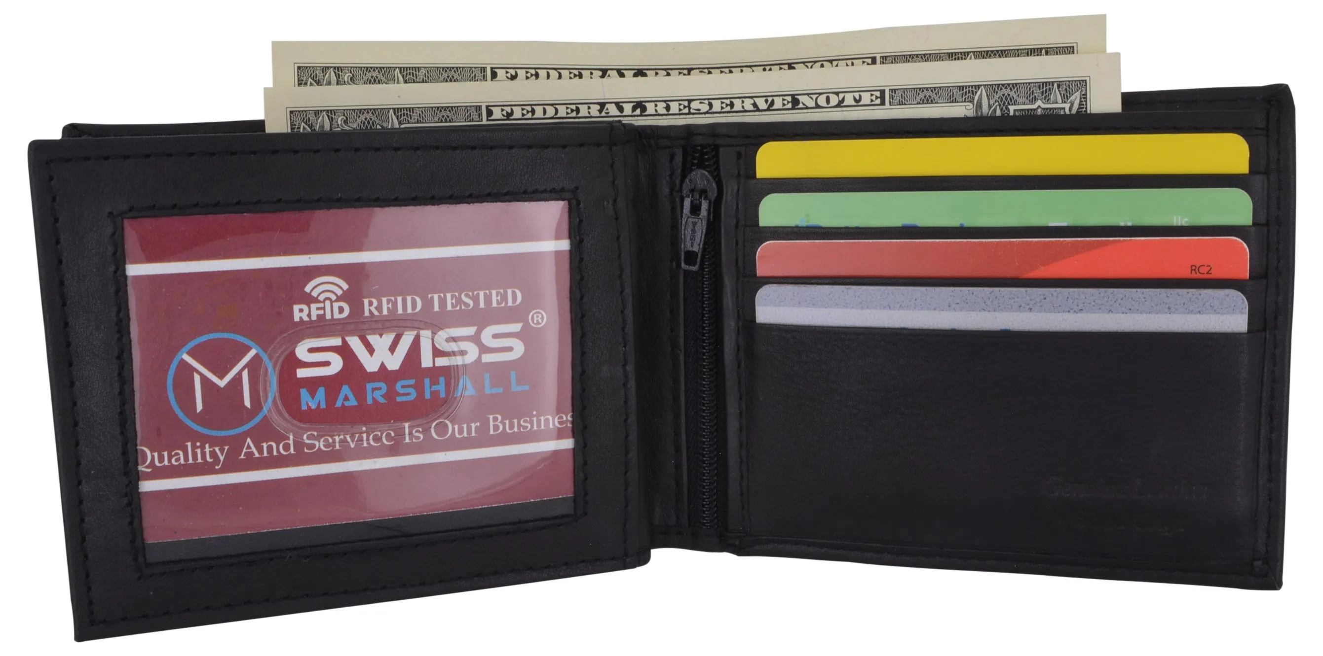 Swiss Marshall Men's RFID Blocking Leather Bifold Multi-Card Center Flap Wallet