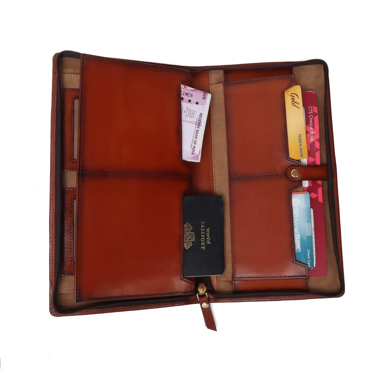 Tan Bi-Fold Multi pockets Document Holder with zip Closure By Brune & Bareskin