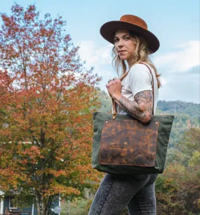 The Classic Waxed Canvas Bag | Tote Bag with Leather Pocket | Large