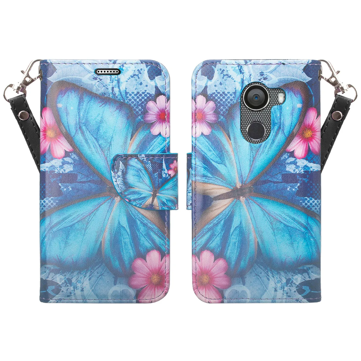 Tmobile REVVL, Alcatel A30 Plus, A30 Fierce, Alcatel Walters Case, Wrist Strap Pu Leather Wallet Flip [Kickstand] Cover with ID & Credit Card Slots - Blue Butterfly