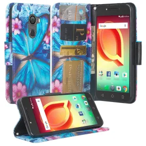 Tmobile REVVL, Alcatel A30 Plus, A30 Fierce, Alcatel Walters Case, Wrist Strap Pu Leather Wallet Flip [Kickstand] Cover with ID & Credit Card Slots - Blue Butterfly