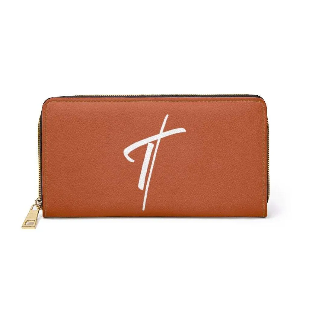 Uniquely You Womens Wallet - Zip Purse / Rust Brown & White Cross